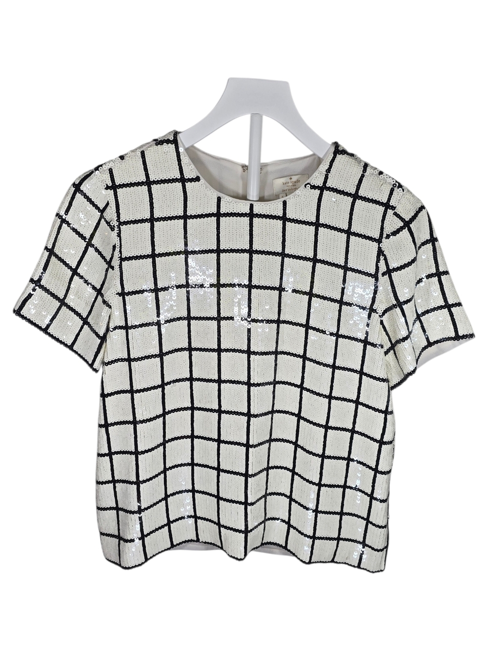 kate spade White and Black Sequin Grid Short-Sleeve Top